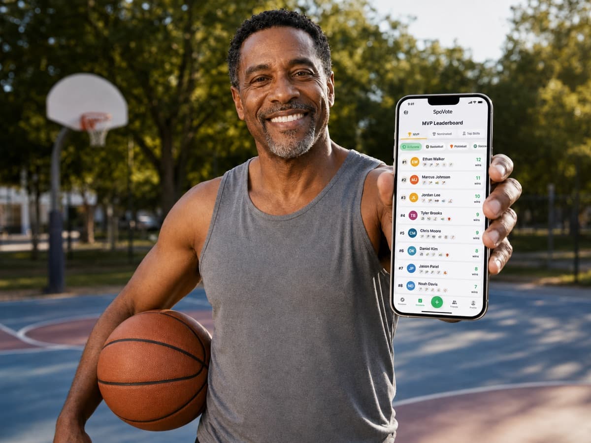 Older Black man on an outdoor court holding an iPhone showing the SpoVote MVP leaderboard