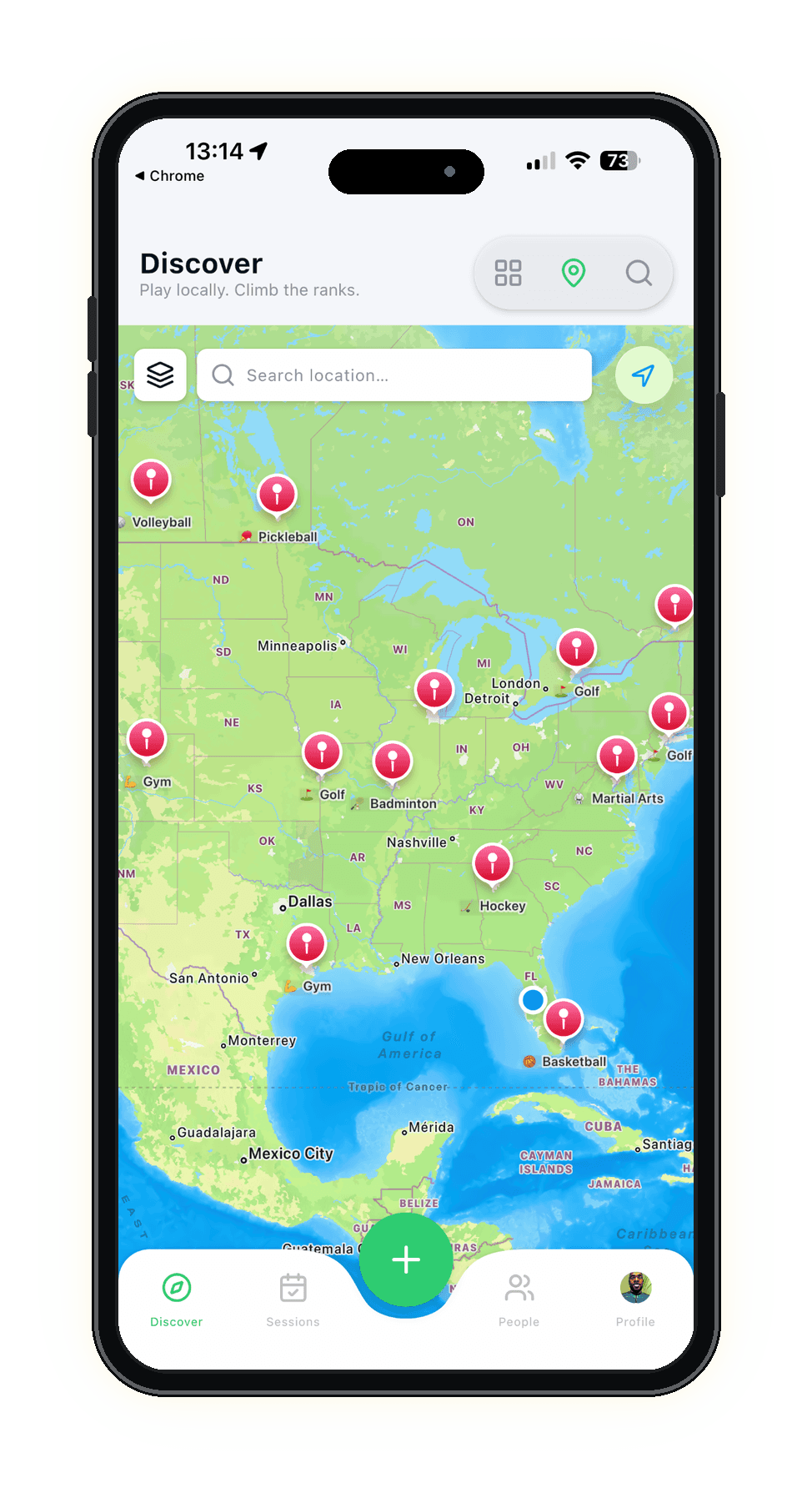 The SpoVote Discover map showing local sessions to join nearby