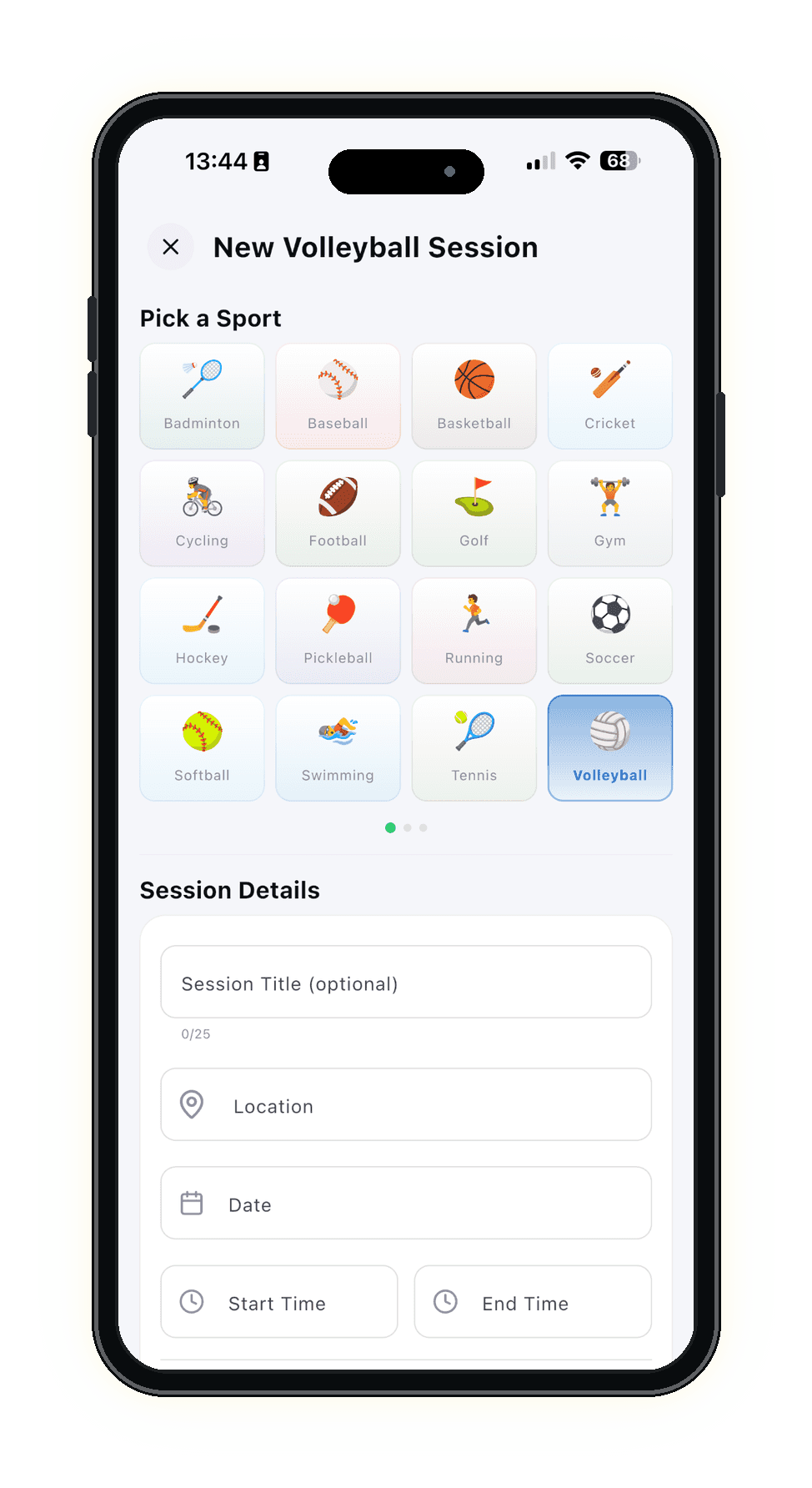 The SpoVote create-a-session screen with a sport picker