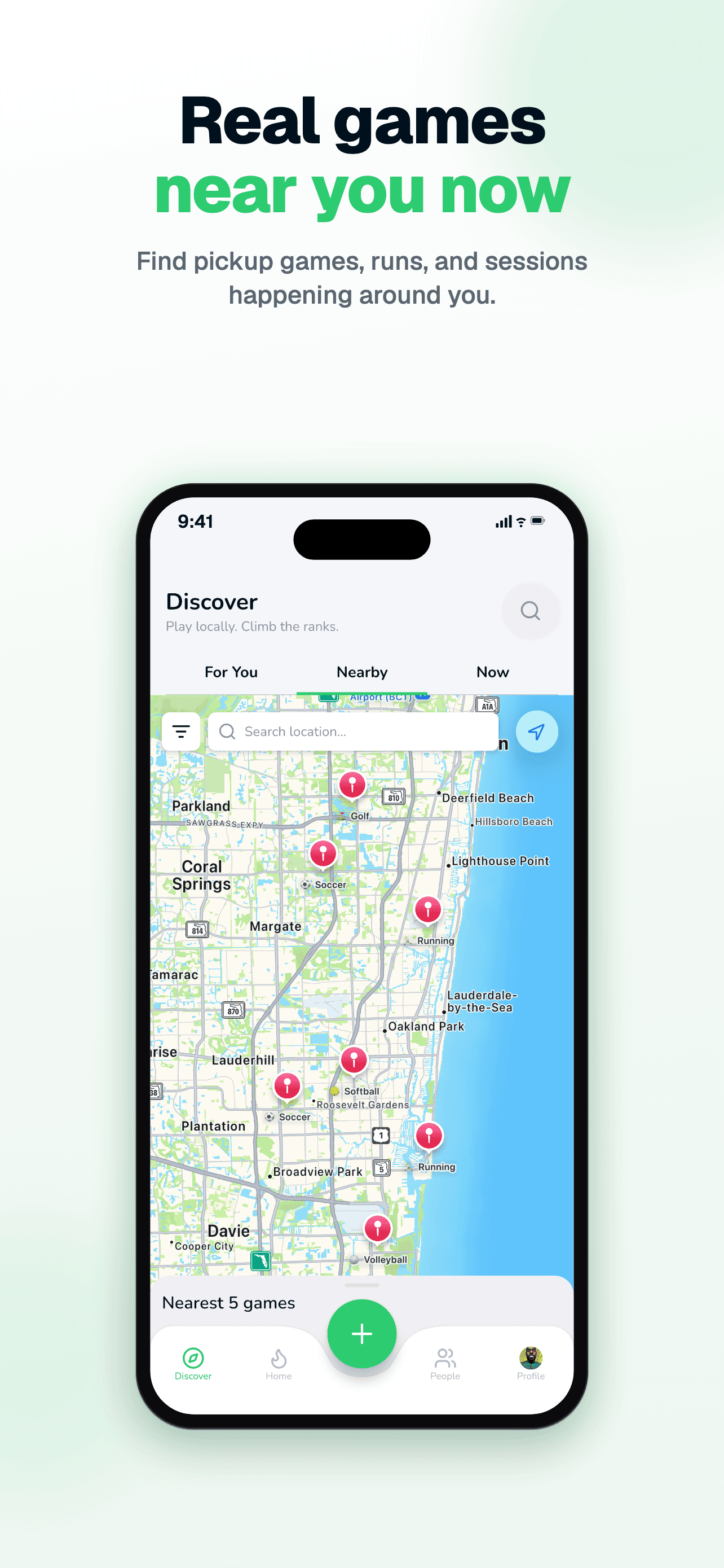 SpoVote App Store screenshot: Discover — real games near you now