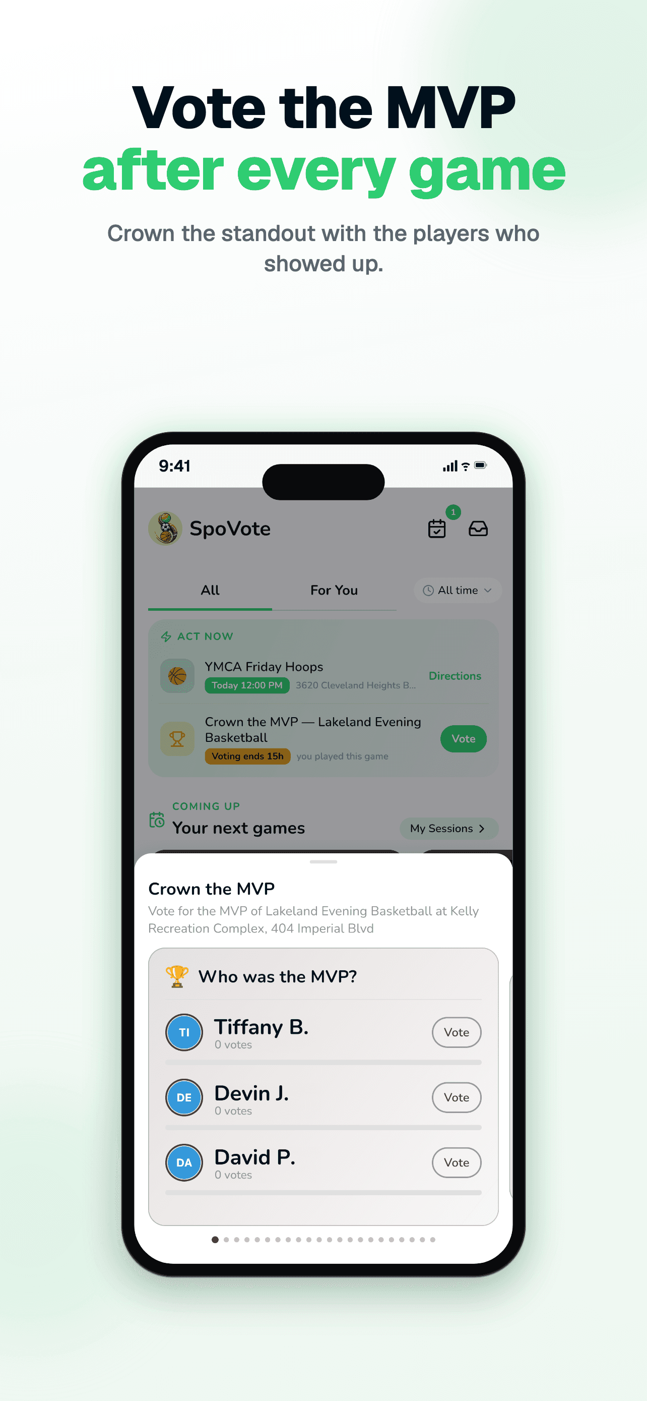 SpoVote App Store screenshot: Vote the MVP after every game