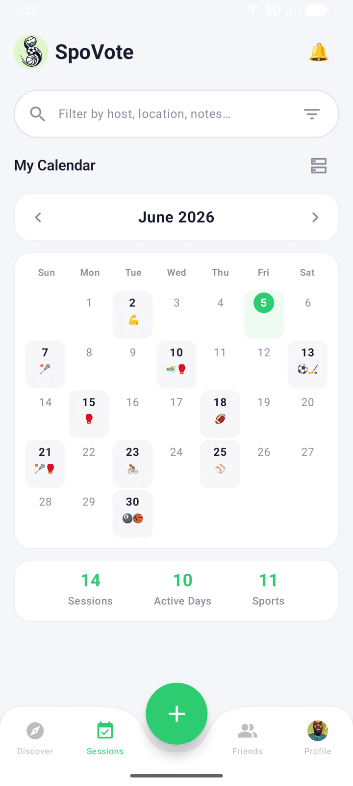 The SpoVote Discover screen showing a calendar of local sessions to join
