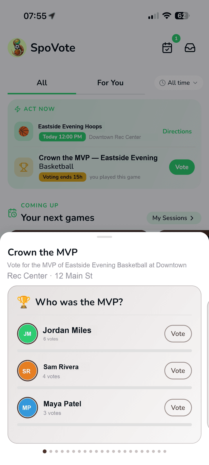 The SpoVote Vote screen showing a live group poll with real-time result bars for tonight's sport and location