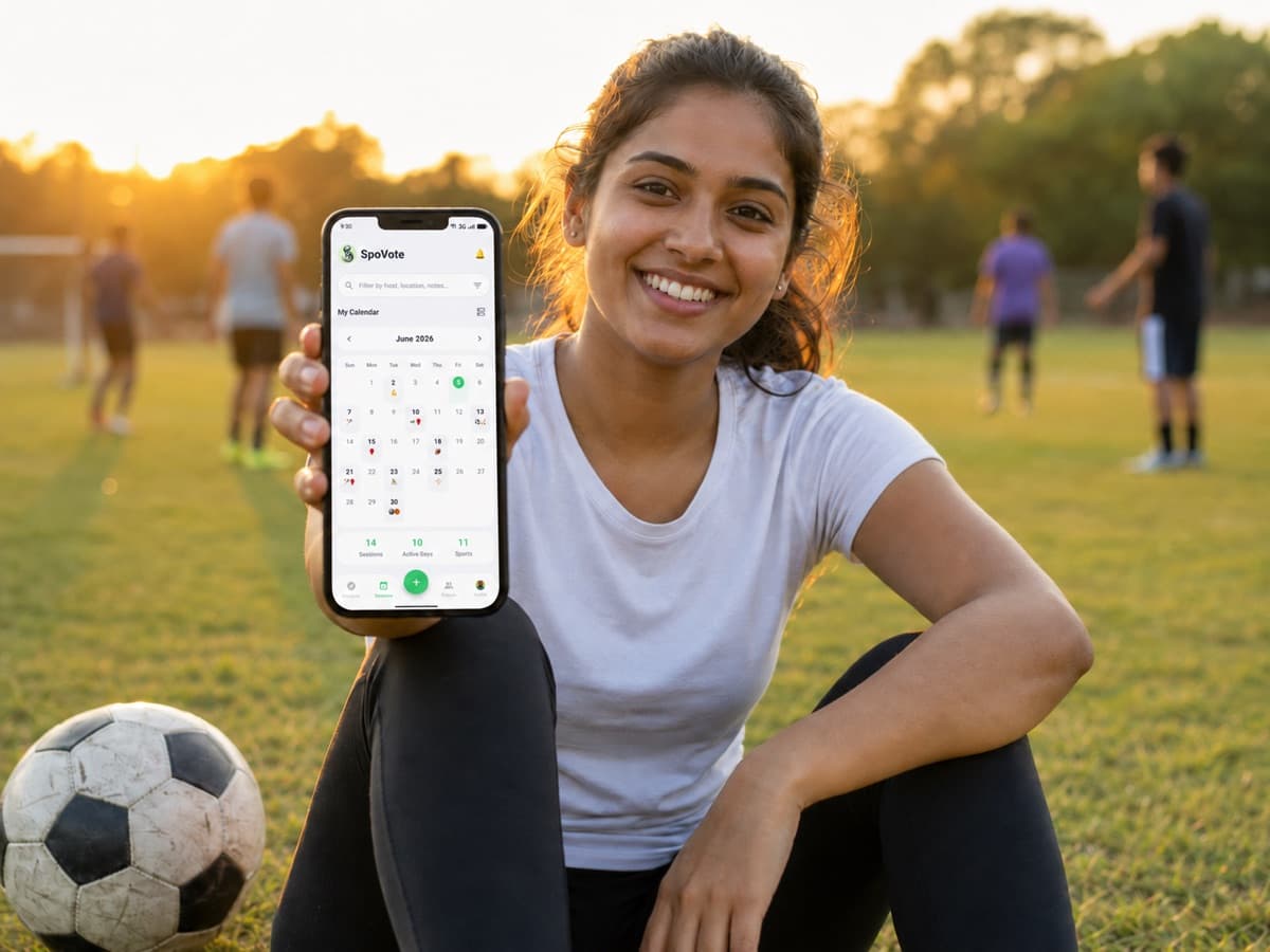 Young South Asian woman sitting on a field at golden hour holding an iPhone showing the SpoVote calendar