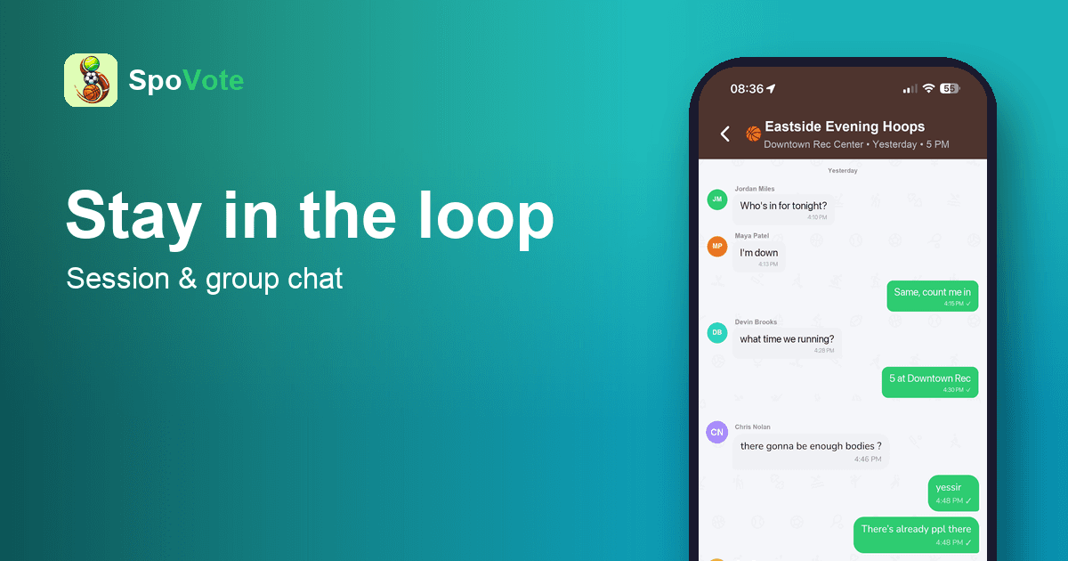 The SpoVote app showing a group chat