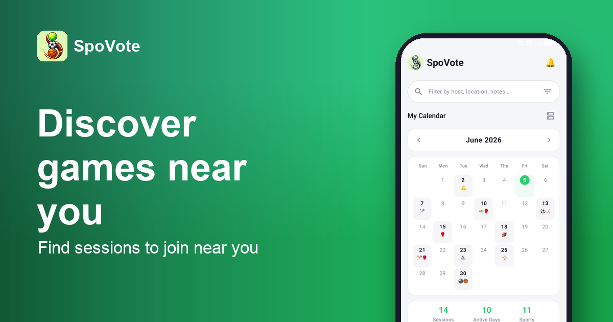 The SpoVote app showing a calendar of local sessions to join