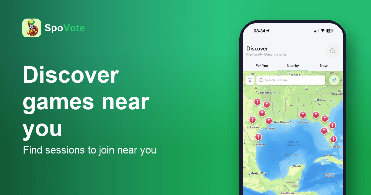 The SpoVote app showing a calendar of local sessions to join