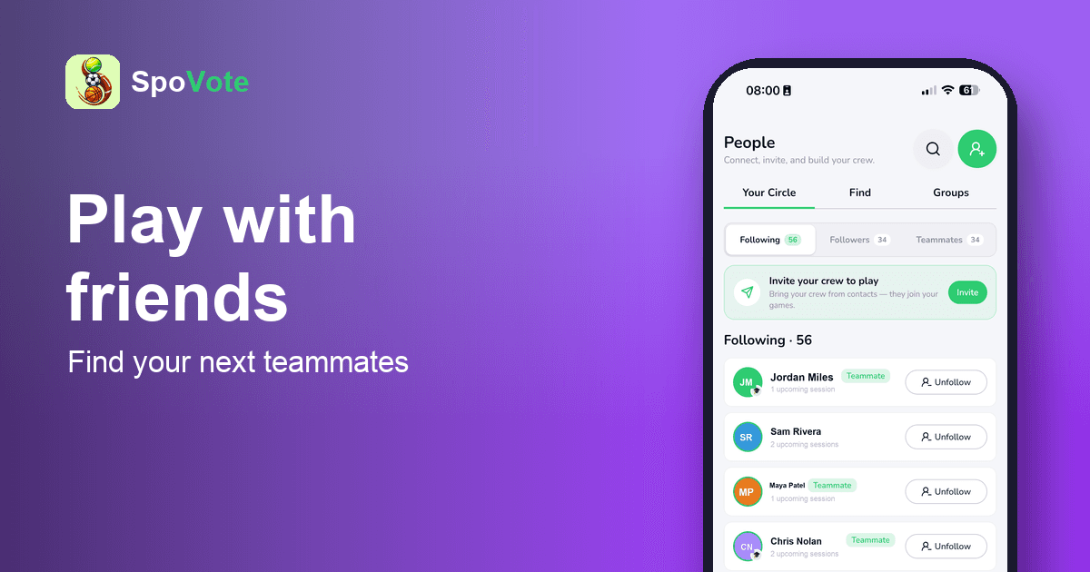 The SpoVote app showing friends and groups you play with