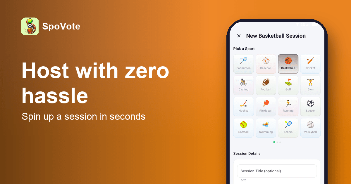 The SpoVote app's create-a-session screen with a sport picker