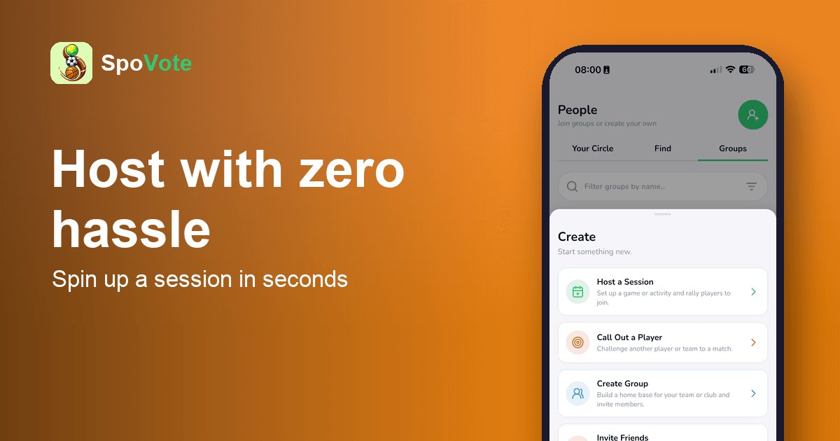 The SpoVote app's create-a-session screen with a sport picker